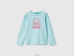 aqua Benetton barn langermet t-skjorte med glittertrykk 20TRB5580