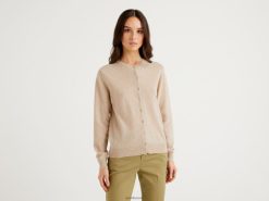 beige Benetton kvinner beige cardigan med rund hals i ren merinoull 20TRB225