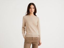 beige Benetton kvinner beige genser med rund hals i ren merinoull 20TRB194