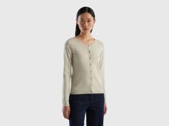 beige Benetton kvinner cardigan med rund hals i ren bomull 20TRB211