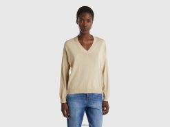 beige Benetton kvinner genser med v-hals 20TRB129