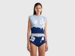 blå Benetton kvinner blå vest med blomsterinnlegg 20TRB112