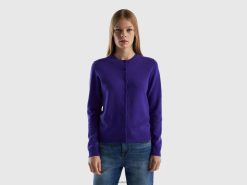 blå Benetton kvinner dypblå cardigan med rund hals i ren merinoull 20TRB3663