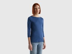 blå Benetton kvinner t-skjorte med båthals i 100 % bomull 20TRB3931