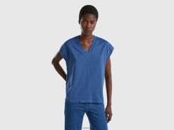 blå Benetton kvinner T-skjorte med v-hals i 100 % bomull 20TRB3787