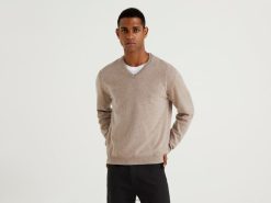 duegrå Benetton menn duegrå genser med v-hals i ren merinoull 20TRB4419