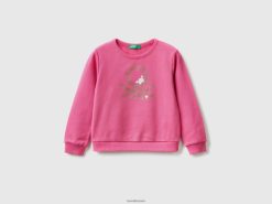 fuchsia Benetton barn genser i økologisk bomull med glitrende trykk 20TRB5625
