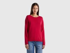 fuchsia Benetton kvinner bomullsgenser med rund hals 20TRB40