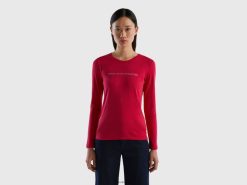 fuchsia Benetton kvinner fuchsia langermet t-skjorte i 100 % bomull 20TRB334