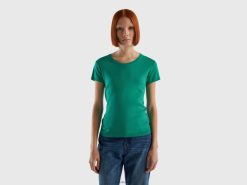 grønn Benetton kvinner kortermet genser i 100 % bomull 20TRB60