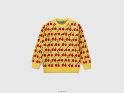 gul Benetton barn gul genser med kirsebærmønster 20TRB3408