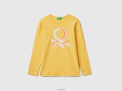 gul Benetton barn langermet t-skjorte med glittertrykk 20TRB5256