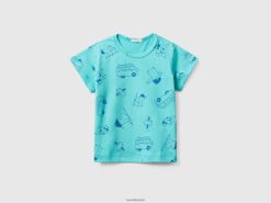 himmelblå Benetton barn t-skjorte med mønstret trykk 20TRB3121