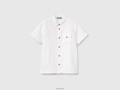 hvit Benetton barn kortermet skjorte i linblanding 20TRB1679