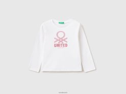 hvit Benetton barn langermet t-skjorte med glittertrykk 20TRB5588