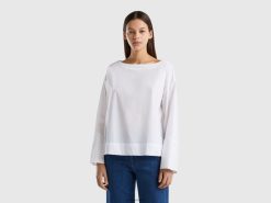 hvit Benetton kvinner bluse i stretch bomullsblanding 20TRB3985