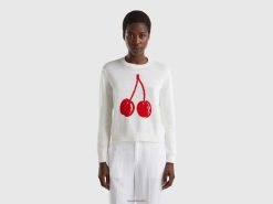 hvit Benetton kvinner hvit genser med kirsebærinnlegg 20TRB68