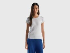 hvit Benetton kvinner kortermet genser i 100 % bomull 20TRB185