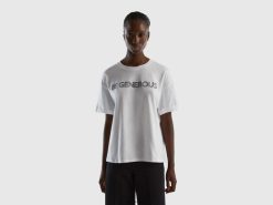 hvit Benetton kvinner T-skjorte i 100 % bomull med slagord 20TRB342