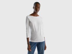 hvit Benetton kvinner t-skjorte med båthals i 100 % bomull 20TRB3942