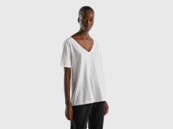 hvit Benetton kvinner V-hals t-skjorte i slub bomull 20TRB3829