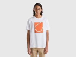 hvit Benetton menn T-skjorte med rund hals og trykk 20TRB1211