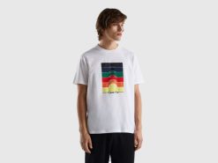 hvit Benetton menn T-skjorte med rund hals og trykk 20TRB1248