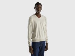 hvit Benetton menn v-halset genser i ren bomull 20TRB1134