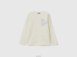 kremhvit Benetton barn langermet t-skjorte med trykk 20TRB1772