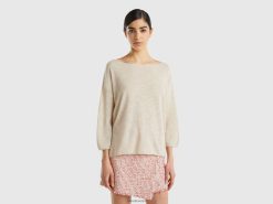 kremhvit Benetton kvinner genser i linblanding med 3/4-ermer 20TRB52