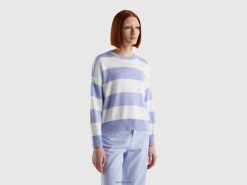 lavendel Benetton kvinner stripete genser i trikotbomull 20TRB3514