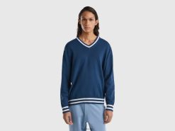 luftvåpen blå Benetton menn 100% bomullsgenser med v-hals 20TRB1105