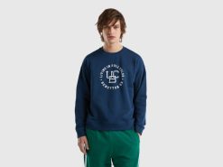 luftvåpen blå Benetton menn genser med rund hals og logotrykk 20TRB1323