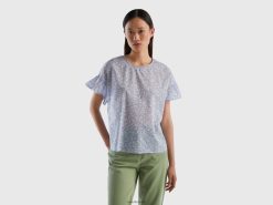 lyse blå Benetton kvinner mønstret bluse i ren bomull 20TRB3962