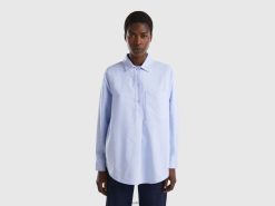 lyse blå Benetton kvinner oversized skjorte med maxi lomme 20TRB3983