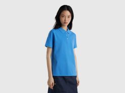 lyse blå Benetton kvinner polo i stretch økologisk bomull 20TRB411