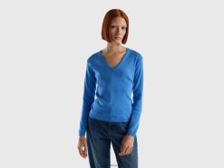 lyse blå Benetton kvinner v-halset genser i ren bomull 20TRB3509