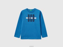 lyseblå Benetton barn langermet t-skjorte i økologisk bomull 20TRB1684