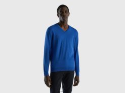 lyseblå Benetton menn v-halset genser i ren bomull 20TRB4380