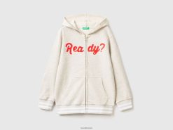 lysegrå Benetton barn hettegenser med glidelås og broderi 20TRB4870