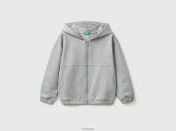 lysegrå Benetton barn hettegenser med glidelås og brodert logo 20TRB5337