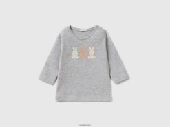 lysegrå Benetton barn langermet t-skjorte i 100 % økologisk bomull 20TRB3133