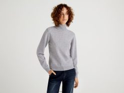 lysegrå Benetton kvinner lys grå turtleneck i ren merinoull 20TRB198