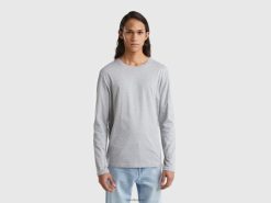 lysegrå Benetton menn langermet t-skjorte i ren bomull 20TRB1292