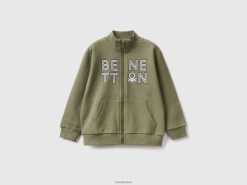 militærgrønt Benetton barn genser i økologisk bomull med glidelås 20TRB5119