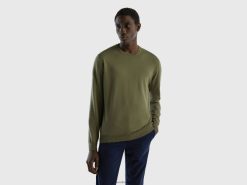 militærgrønt Benetton menn genser med rund hals i 100 % bomull 20TRB4368