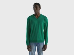 mørk grønn Benetton menn v-halset genser i ren bomull 20TRB4364