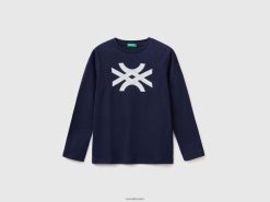 mørke blå Benetton barn langermet t-skjorte med logo 20TRB4803