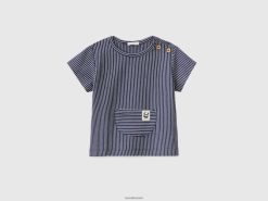mørke blå Benetton barn stripet t-skjorte med lomme 20TRB5798