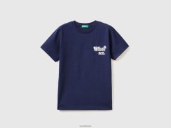 mørke blå Benetton barn t-skjorte i ren bomull med trykk 20TRB1686